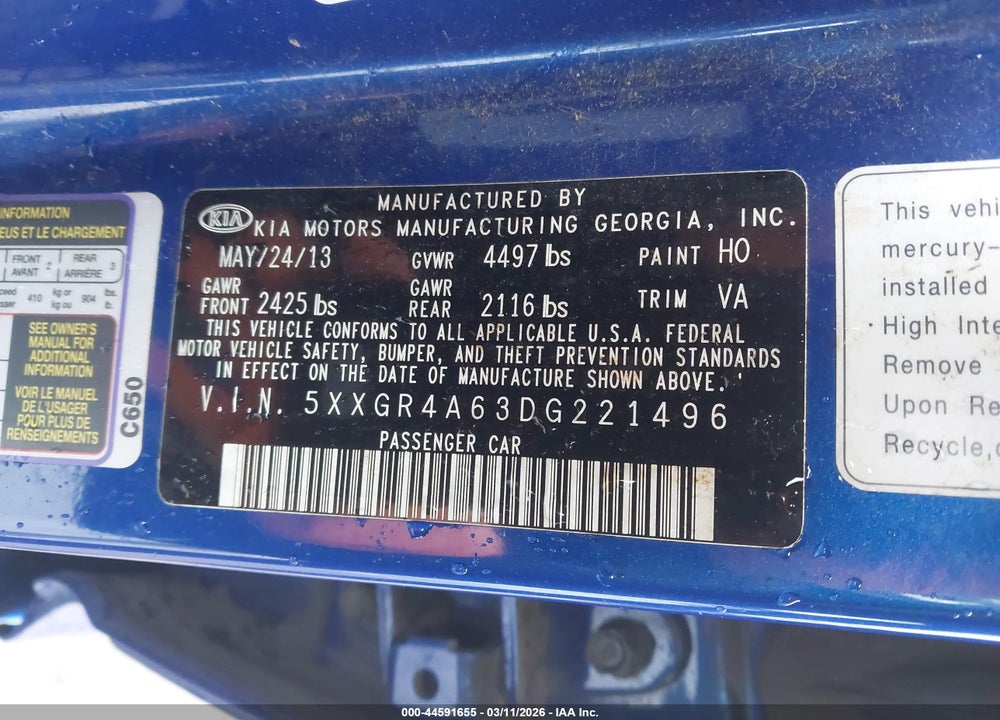 2013 KIA OPTIMA SX VIN: 5XXGR4A63DG221496