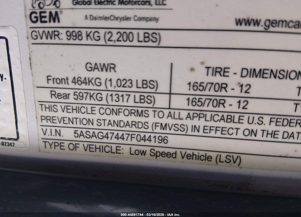 2007 GLOBAL ELECTRIC MOTORS 825 VIN: 5ASAG47447F044196