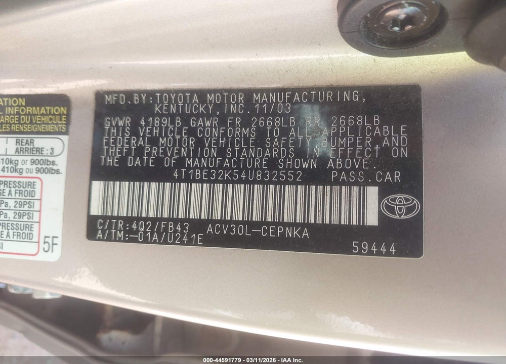 2004 TOYOTA CAMRY LE VIN: 4T1BE32K54U832552
