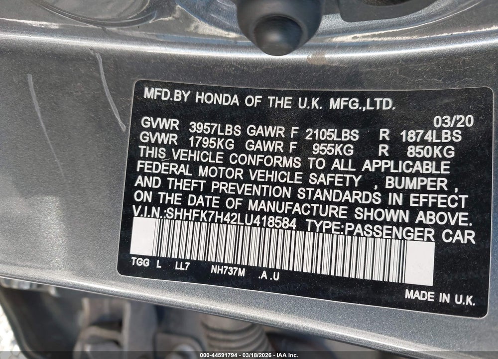 2020 HONDA CIVIC SPORT VIN: SHHFK7H42LU418584