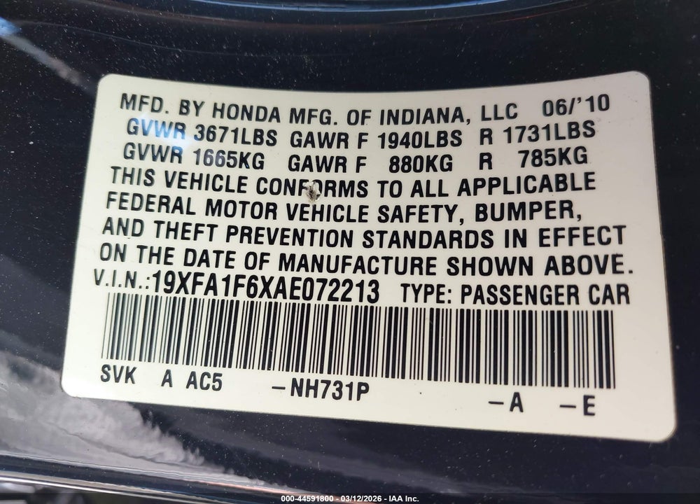2010 HONDA CIVIC LX-S VIN: 19XFA1F6XAE072213