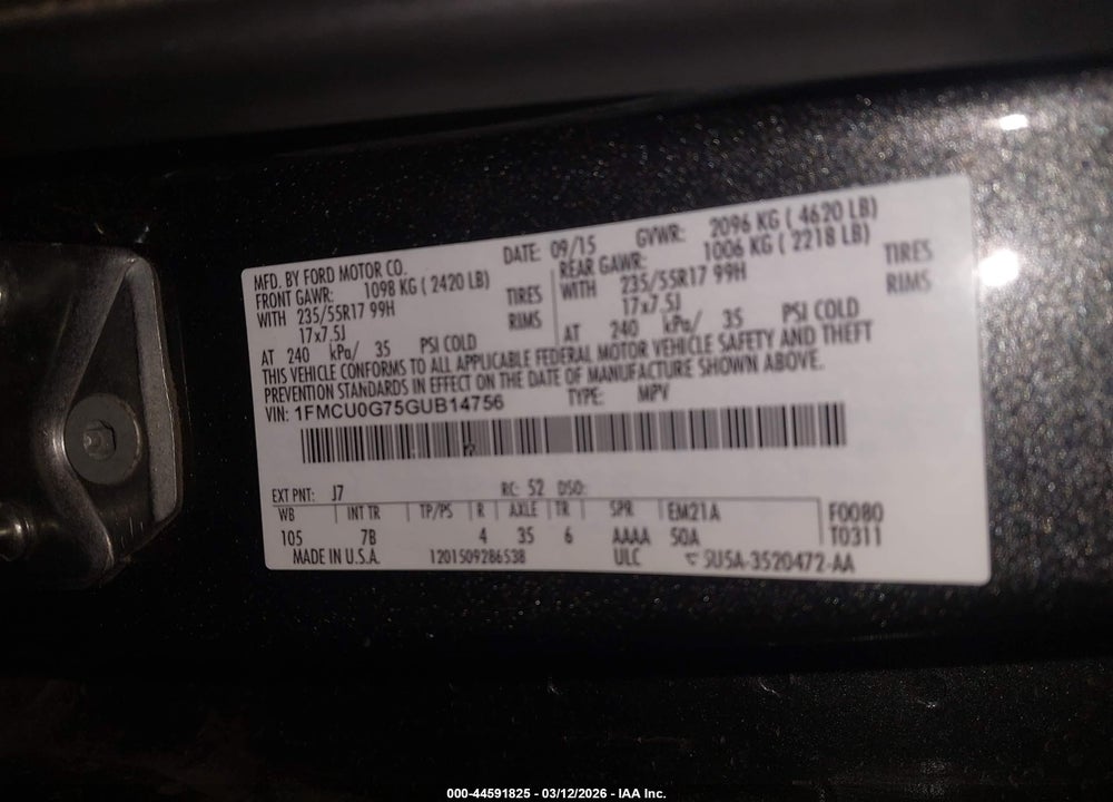 2016 FORD ESCAPE SE VIN: 1FMCU0G75GUB14756
