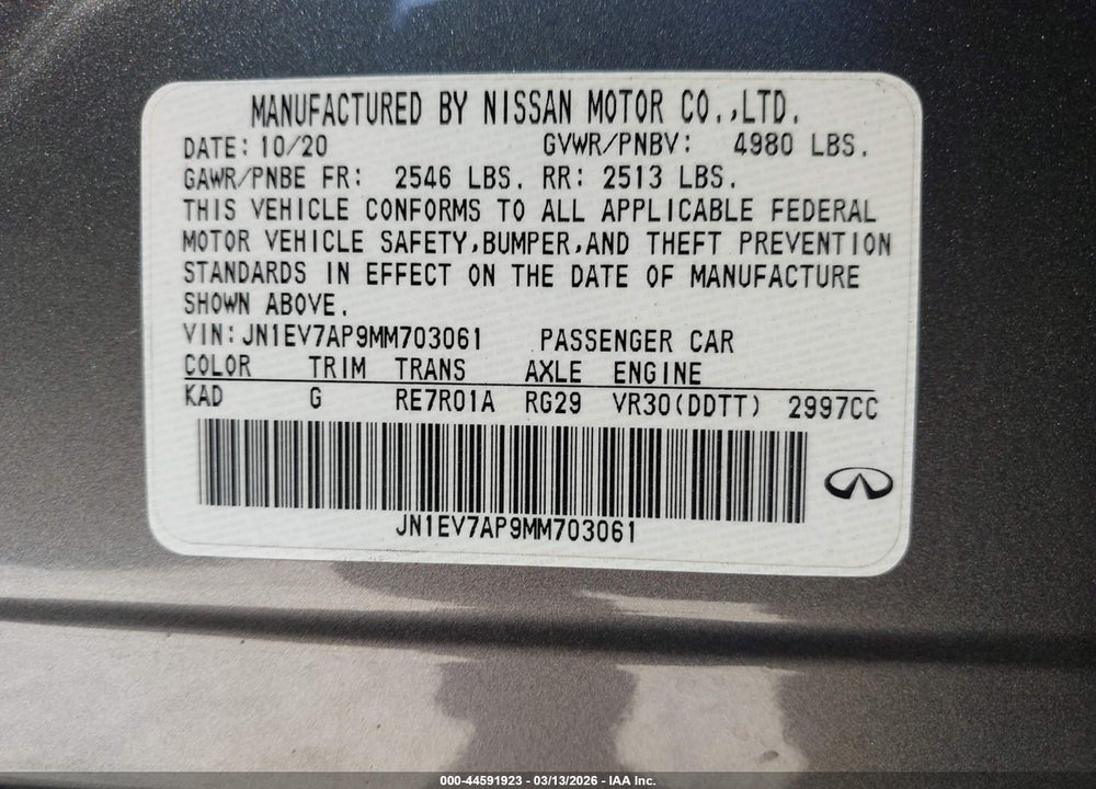 2021 INFINITI Q50 PURE VIN: JN1EV7AP9MM703061