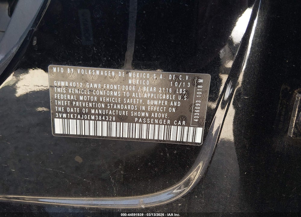 2014 VOLKSWAGEN JETTA 2.0L S VIN: 3VW1K7AJ0EM384328