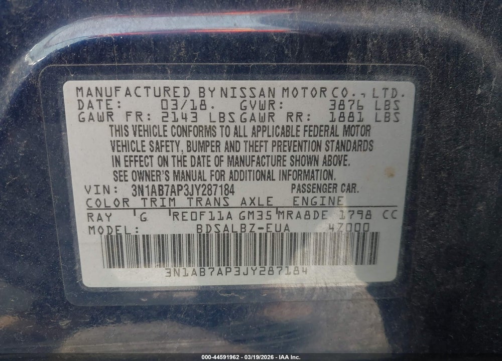 2018 NISSAN SENTRA S VIN: 3N1AB7AP3JY287184