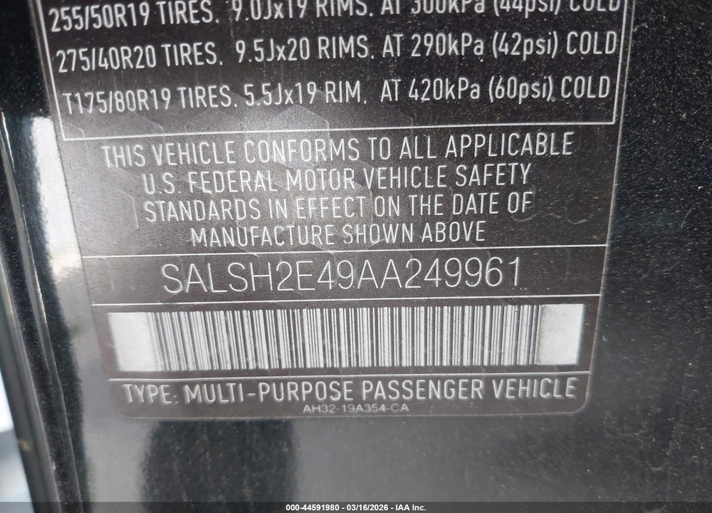 2010 LAND ROVER RANGE ROVER SPORT SUPERCHARGED VIN: SALSH2E49AA249961