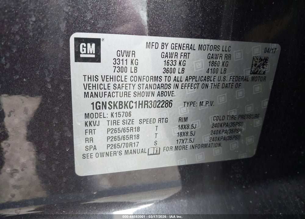 2017 CHEVROLET TAHOE LT VIN: 1GNSKBKC1HR302286