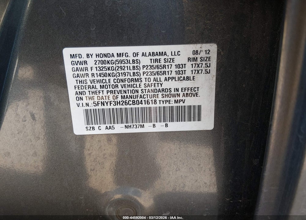 2012 HONDA PILOT LX VIN: 5FNYF3H26CB041618