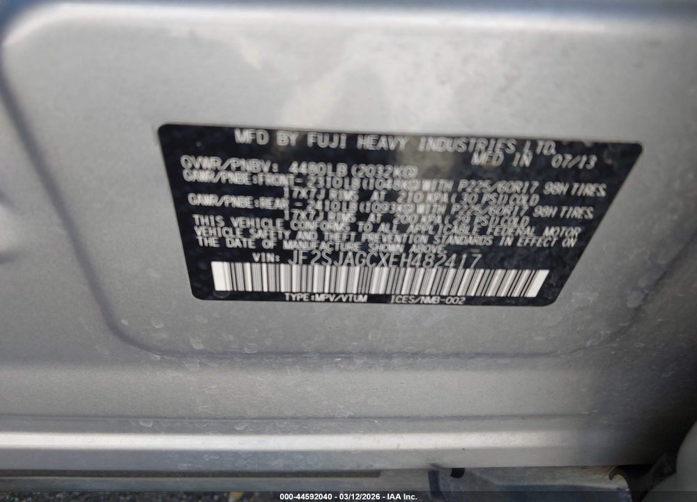 2014 SUBARU FORESTER 2.5I PREMIUM VIN: JF2SJAGCXEH482417