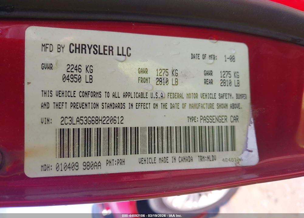 2008 CHRYSLER 300 TOURING VIN: 2C3LA53G68H220612