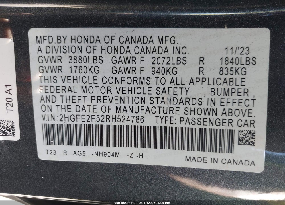 2024 HONDA CIVIC SPORT VIN: 2HGFE2F52RH524786
