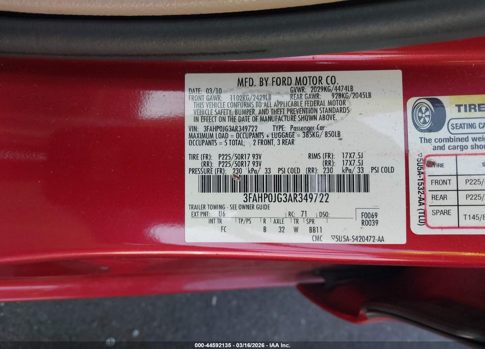 2010 FORD FUSION SEL VIN: 3FAHP0JG3AR349722