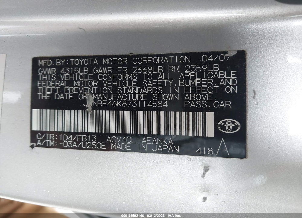 2007 TOYOTA CAMRY LE VIN: JTNBE46K873114584