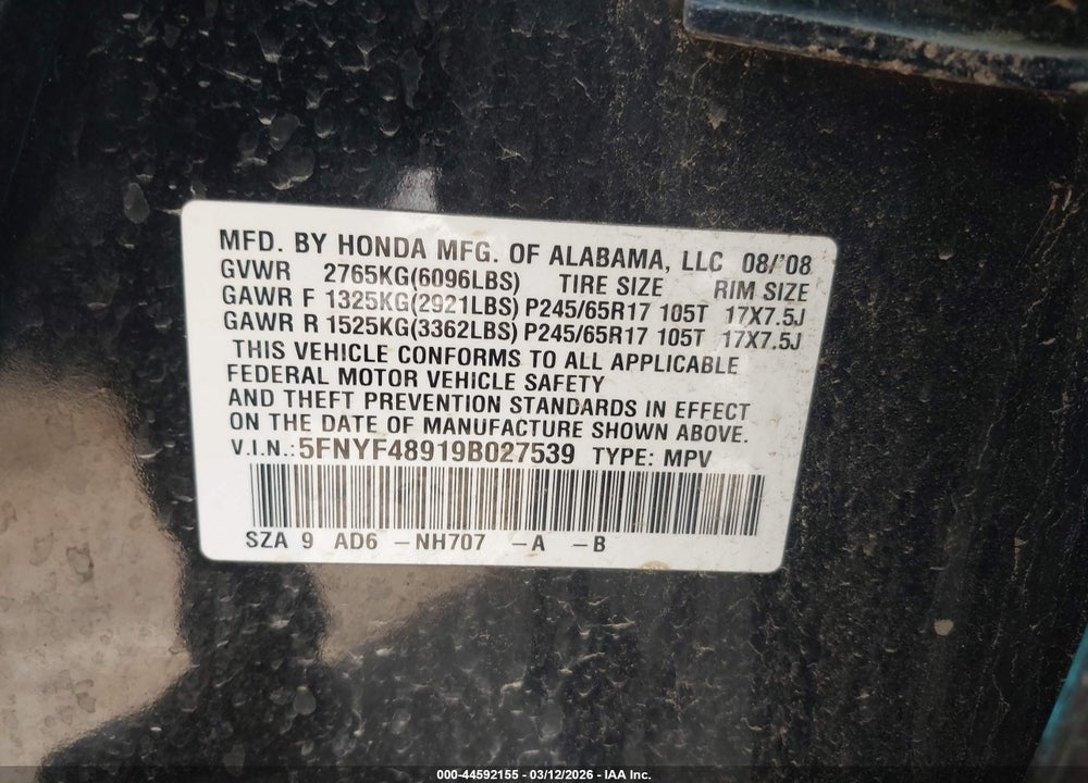 2009 HONDA PILOT TOURING VIN: 5FNYF48919B027539