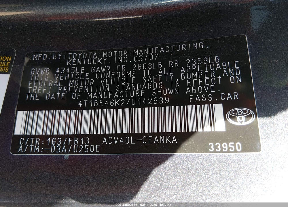 2007 TOYOTA CAMRY LE VIN: 4T1BE46K27U142939