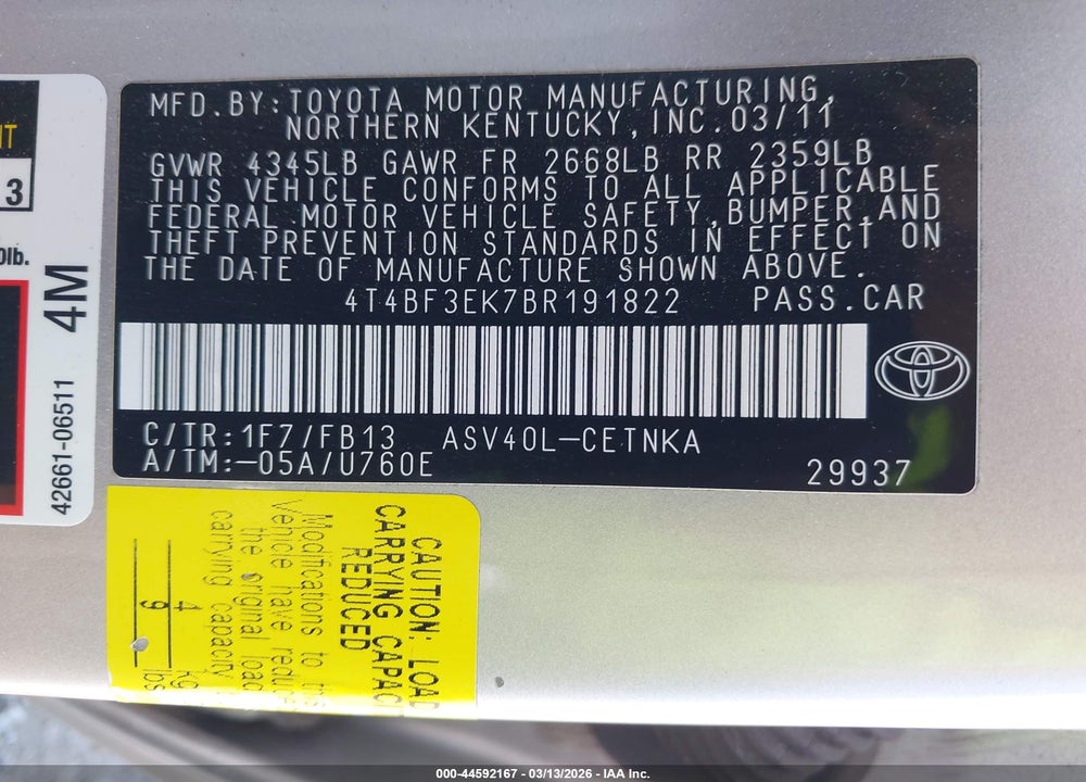 2011 TOYOTA CAMRY LE VIN: 4T4BF3EK7BR191822