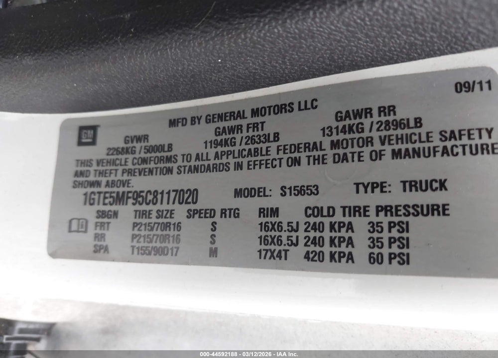2012 GMC CANYON SLE1 VIN: 1GTE5MF95C8117020