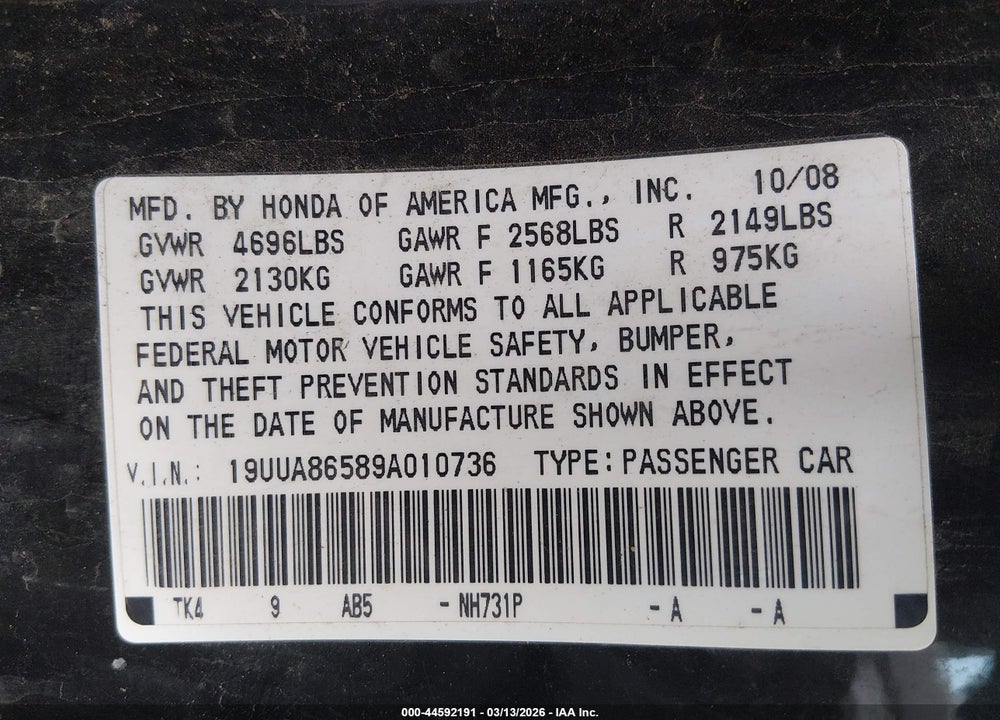 2009 ACURA TL 3.5 VIN: 19UUA86589A010736