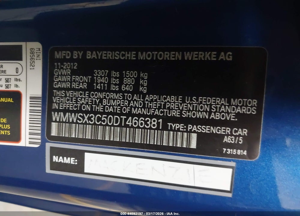 2013 MINI COUPE COOPER S VIN: WMWSX3C50DT466381