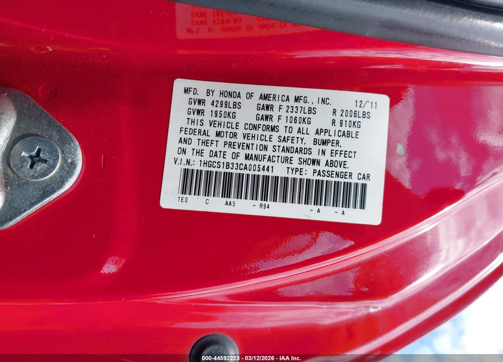 2012 HONDA ACCORD 2.4 LX-S VIN: 1HGCS1B33CA005441