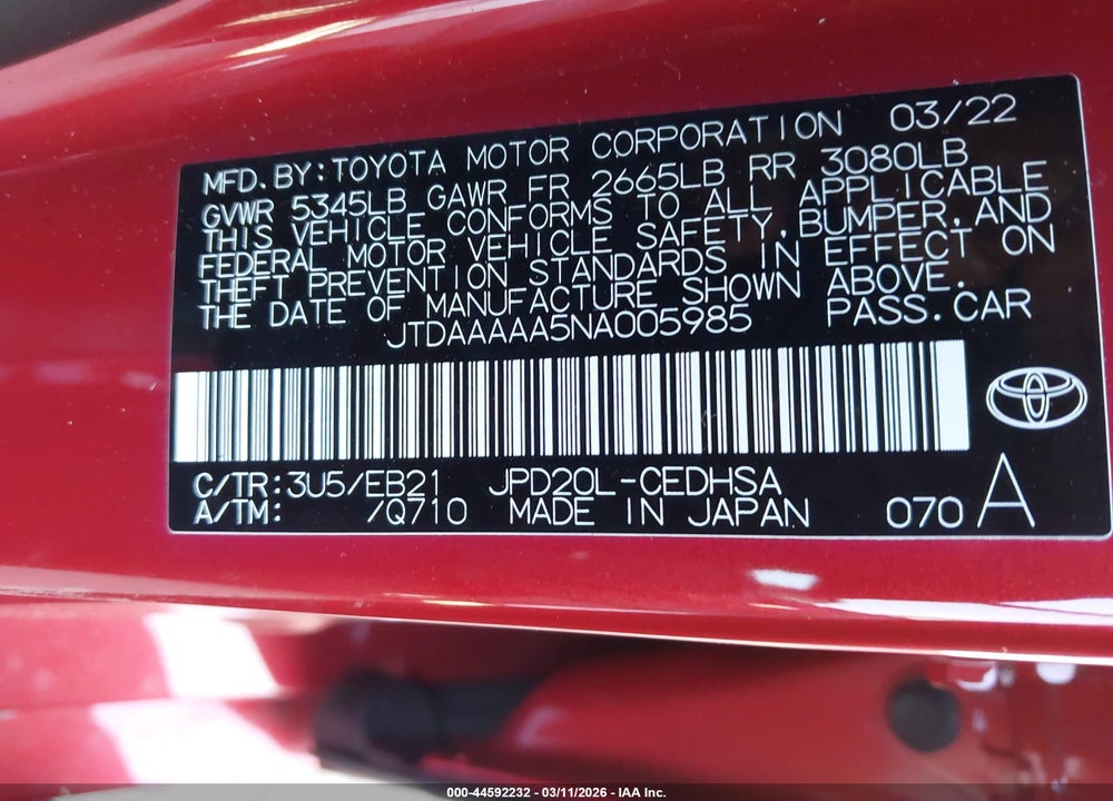 2022 TOYOTA MIRAI LIMITED VIN: JTDAAAAA5NA005985