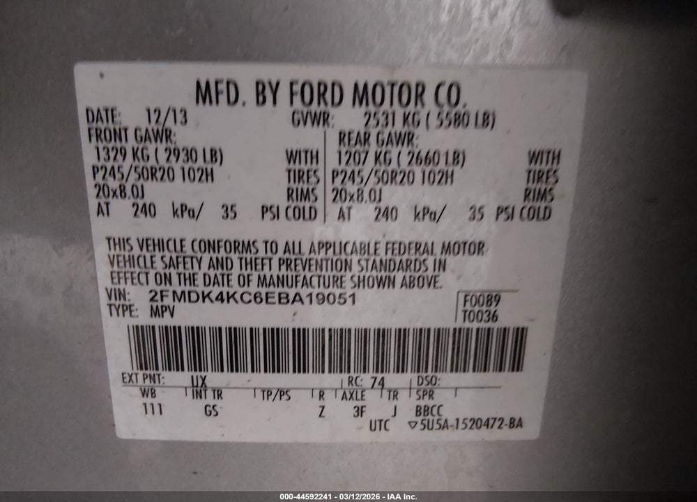 2014 FORD EDGE LIMITED VIN: 2FMDK4KC6EBA19051