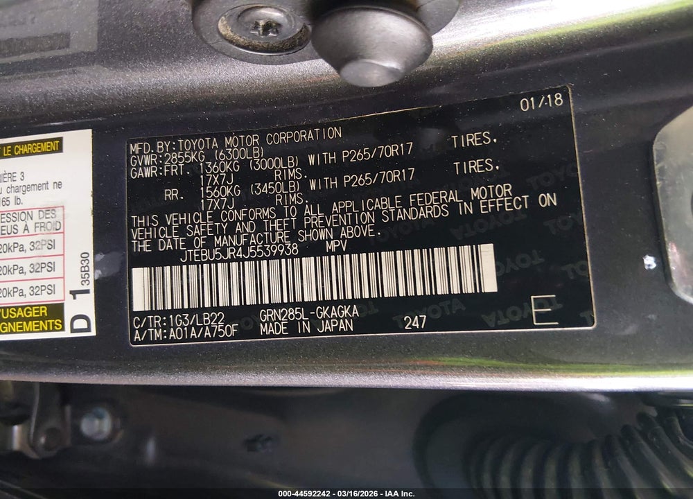 2018 TOYOTA 4RUNNER SR5 PREMIUM VIN: JTEBU5JR4J5539938