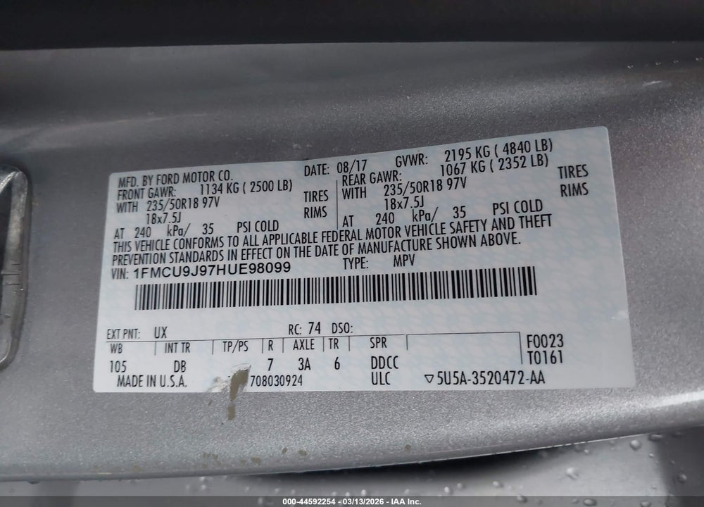 2017 FORD ESCAPE TITANIUM VIN: 1FMCU9J97HUE98099