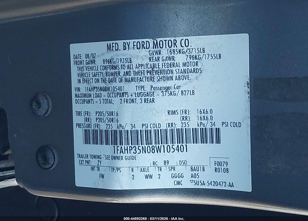 2008 FORD FOCUS SE VIN: 1FAHP35N08W105401
