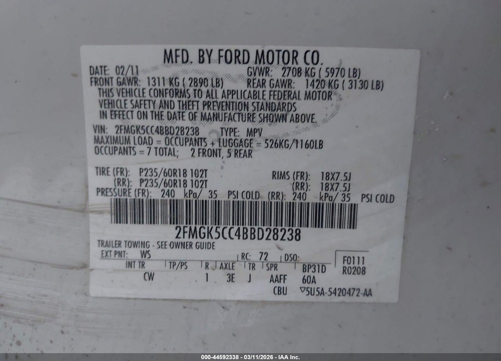 2011 FORD FLEX SEL VIN: 2FMGK5CC4BBD28238