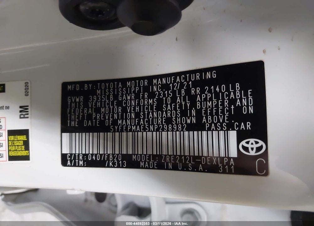 2022 TOYOTA COROLLA LE VIN: 5YFEPMAE5NP298982