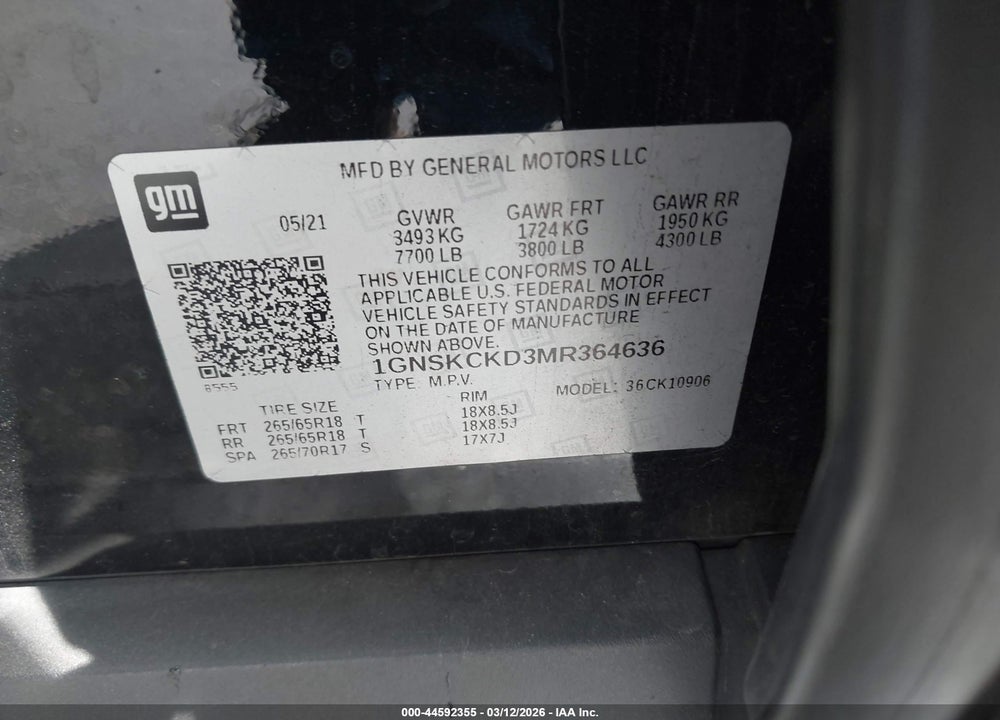 2021 CHEVROLET SUBURBAN 4WD LT VIN: 1GNSKCKD3MR364636