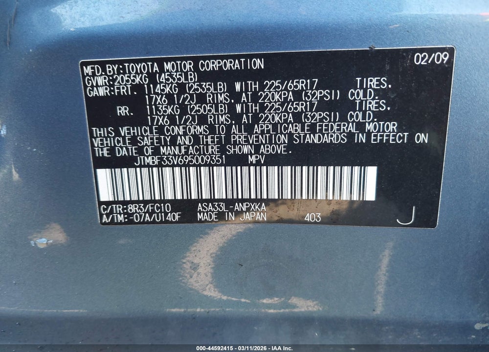 2009 TOYOTA RAV4 VIN: JTMBF33V695009351