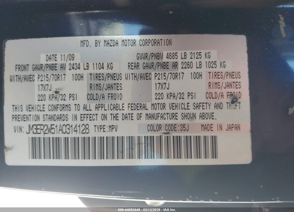 2010 MAZDA CX-7 I SV VIN: JM3ER2W51A0314128