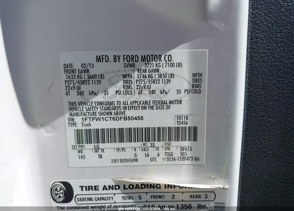 2013 FORD F-150 LIMITED VIN: 1FTFW1CT6DFB50458