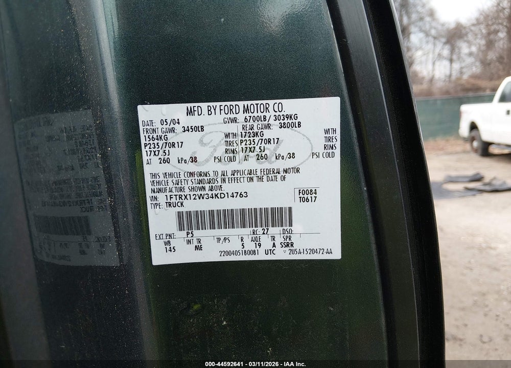 2004 FORD F-150 STX/XL/XLT VIN: 1FTRX12W34KD14763