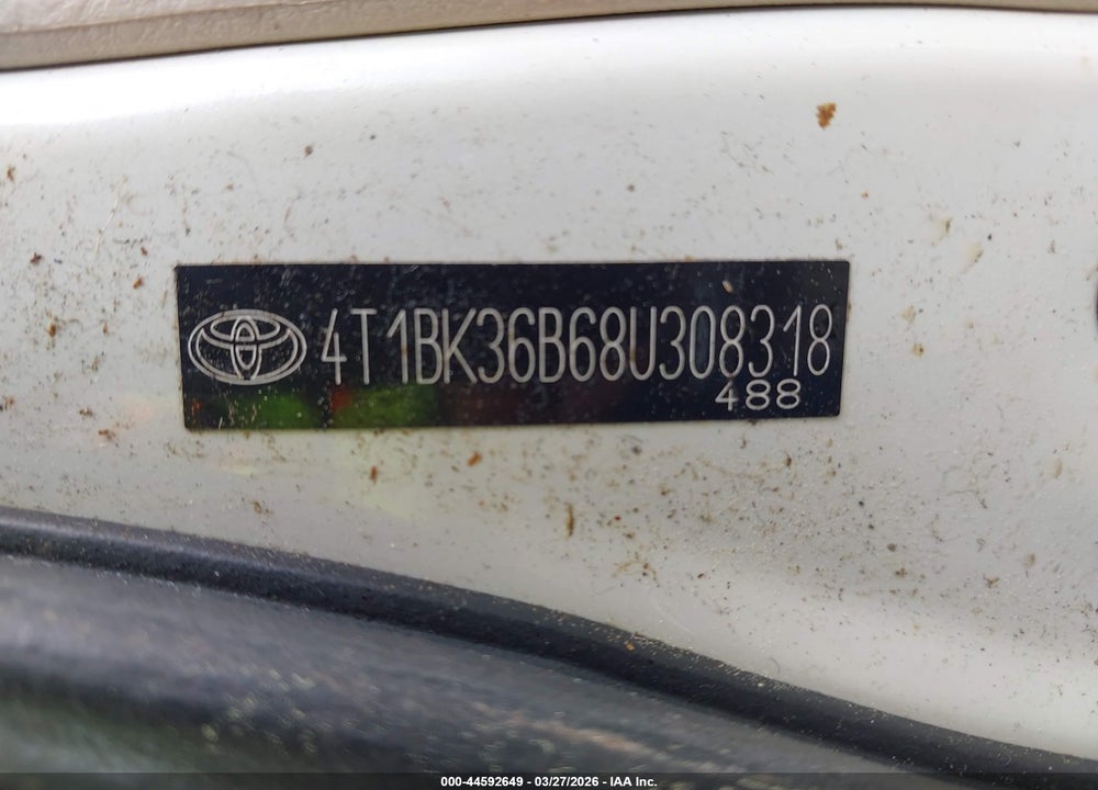 2008 TOYOTA AVALON XLS VIN: 4T1BK36B68U308318
