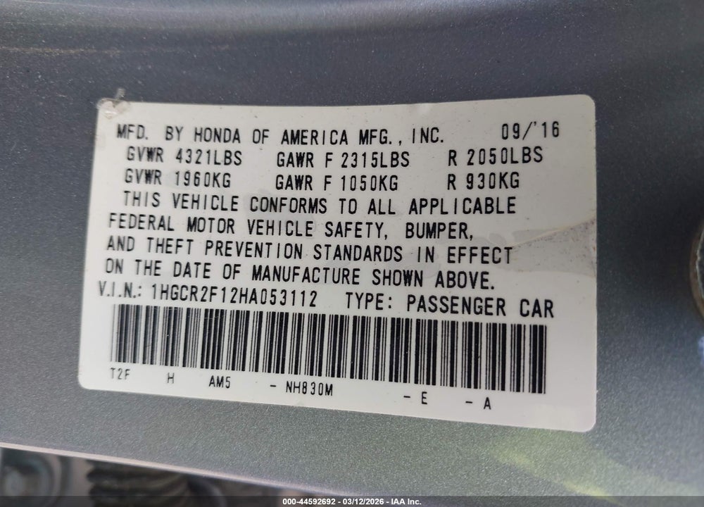 2017 HONDA ACCORD SPORT SE VIN: 1HGCR2F12HA053112