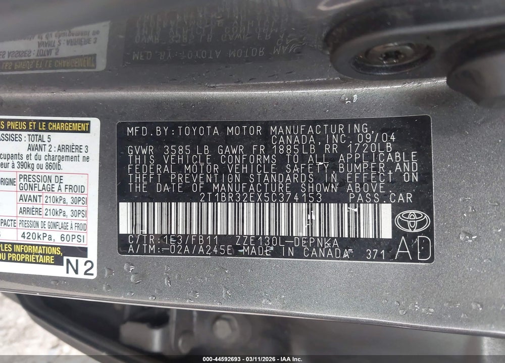 2005 TOYOTA COROLLA LE VIN: 2T1BR32EX5C374153
