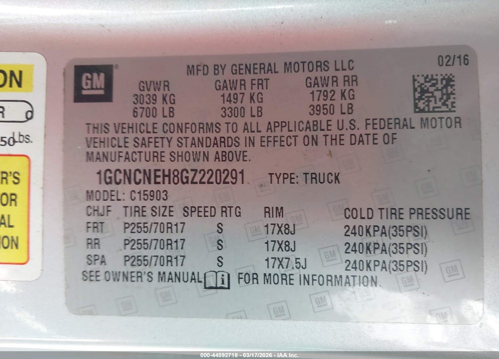 2016 CHEVROLET SILVERADO 1500 WT VIN: 1GCNCNEH8GZ220291