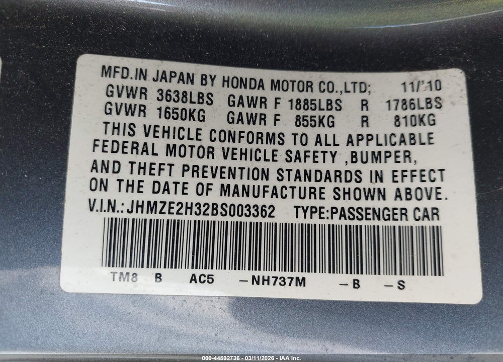 2011 HONDA INSIGHT VIN: JHMZE2H32BS003362
