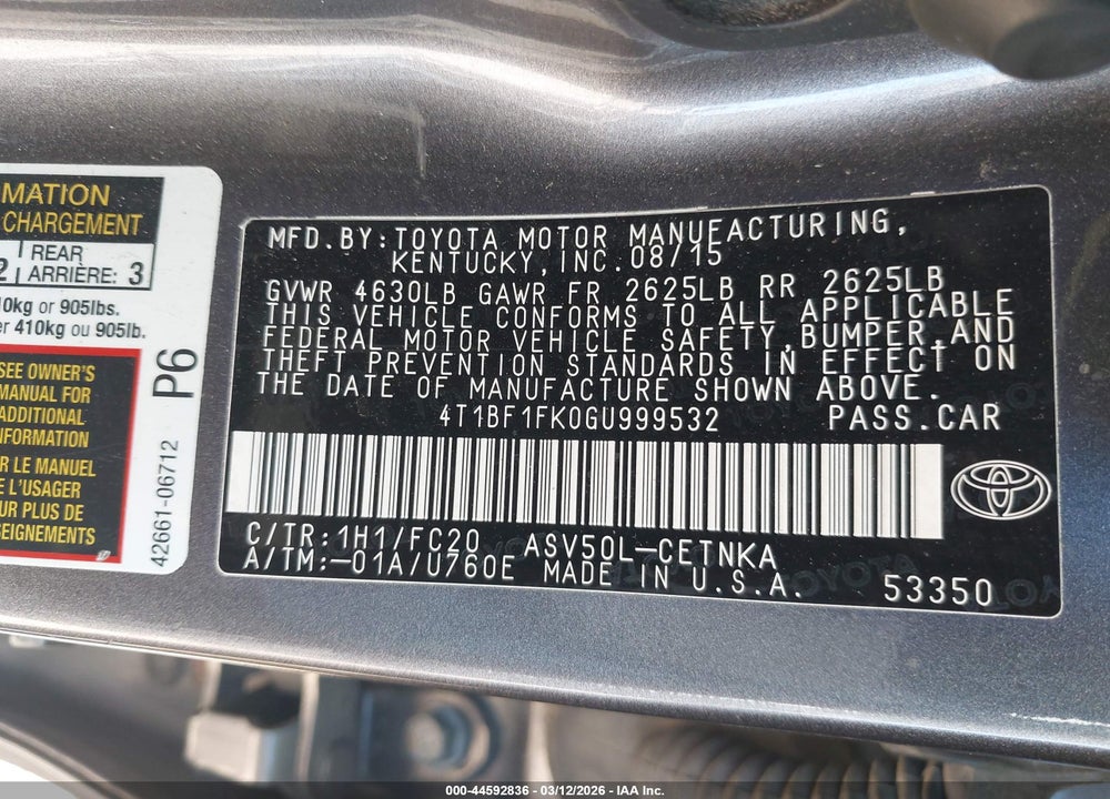 2016 TOYOTA CAMRY LE VIN: 4T1BF1FK0GU999532