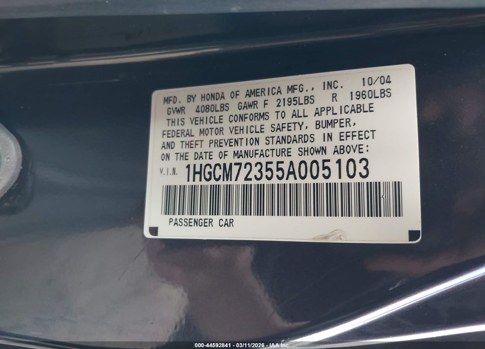 2005 HONDA ACCORD 2.4 LX VIN: 1HGCM72355A005103