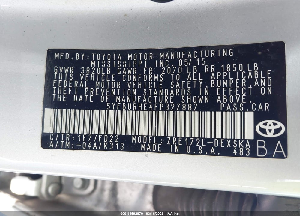 2015 TOYOTA COROLLA S PLUS VIN: 5YFBURHE4FP327887