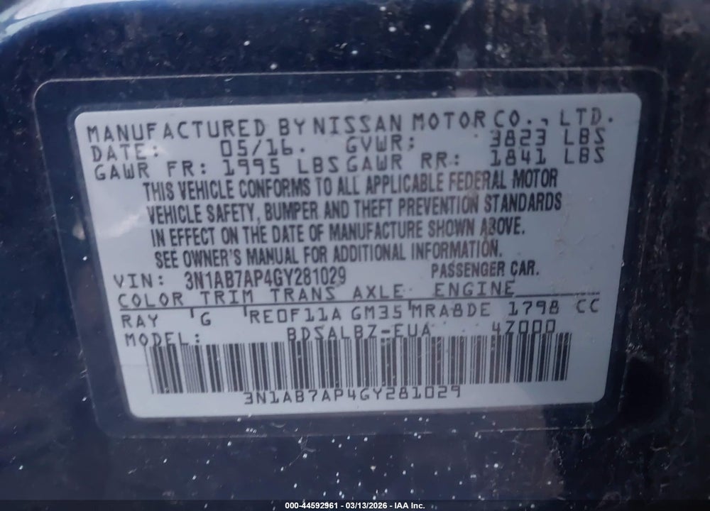 2016 NISSAN SENTRA S VIN: 3N1AB7AP4GY281029