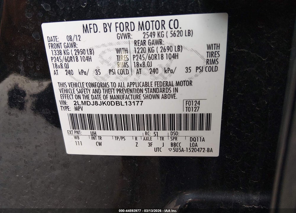 2013 LINCOLN MKX VIN: 2LMDJ8JK0DBL13177