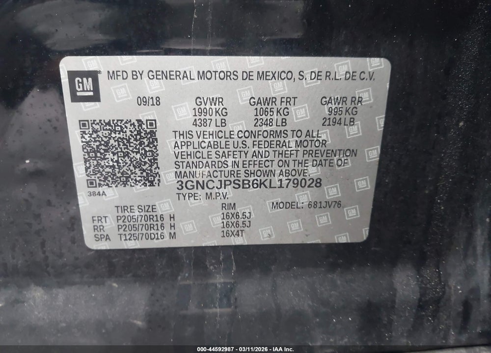 2019 CHEVROLET TRAX LT VIN: 3GNCJPSB6KL179028