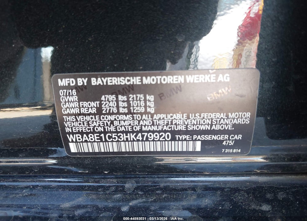 2017 BMW 330E IPERFORMANCE VIN: WBA8E1C53HK479920