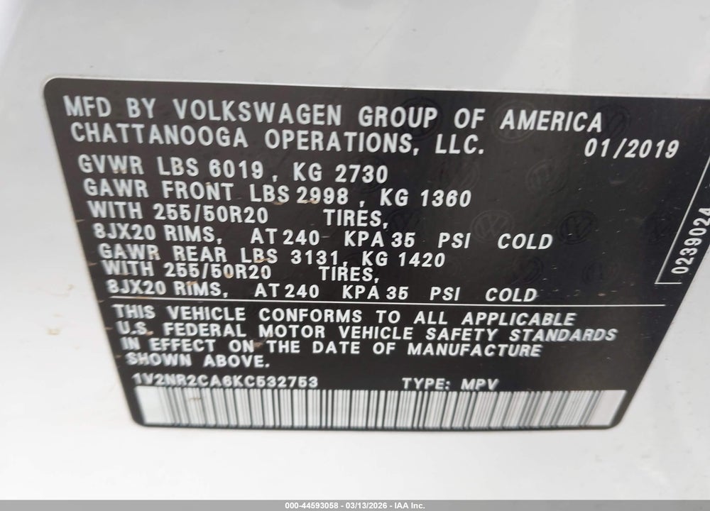 2019 VOLKSWAGEN ATLAS 3.6L V6 SEL PREMIUM VIN: 1V2NR2CA6KC532753