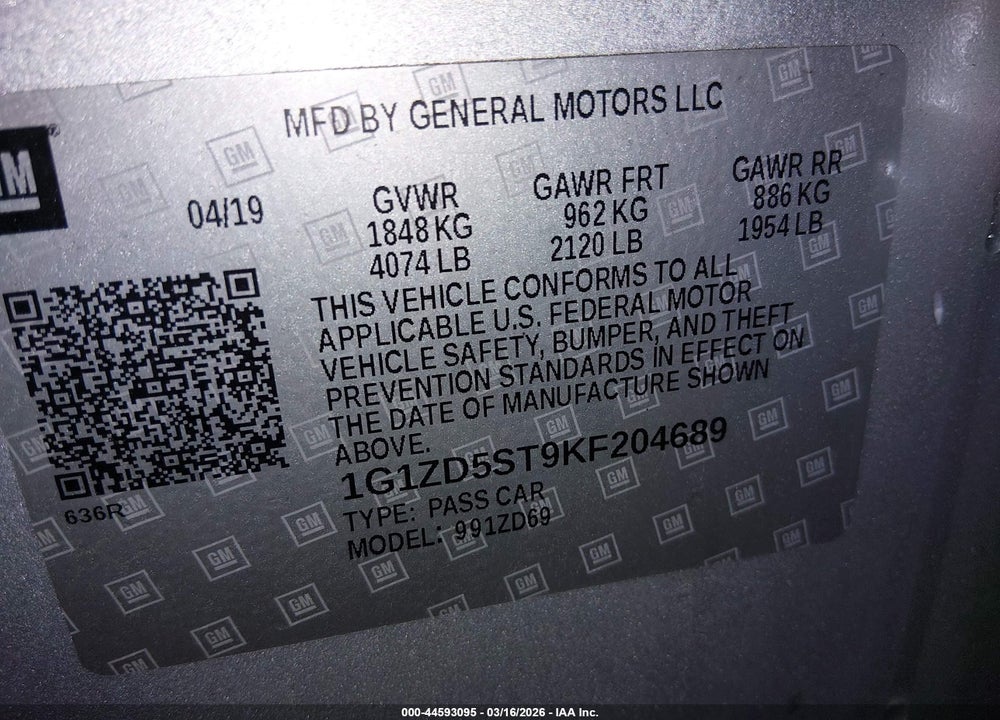 2019 CHEVROLET MALIBU LT VIN: 1G1ZD5ST9KF204689